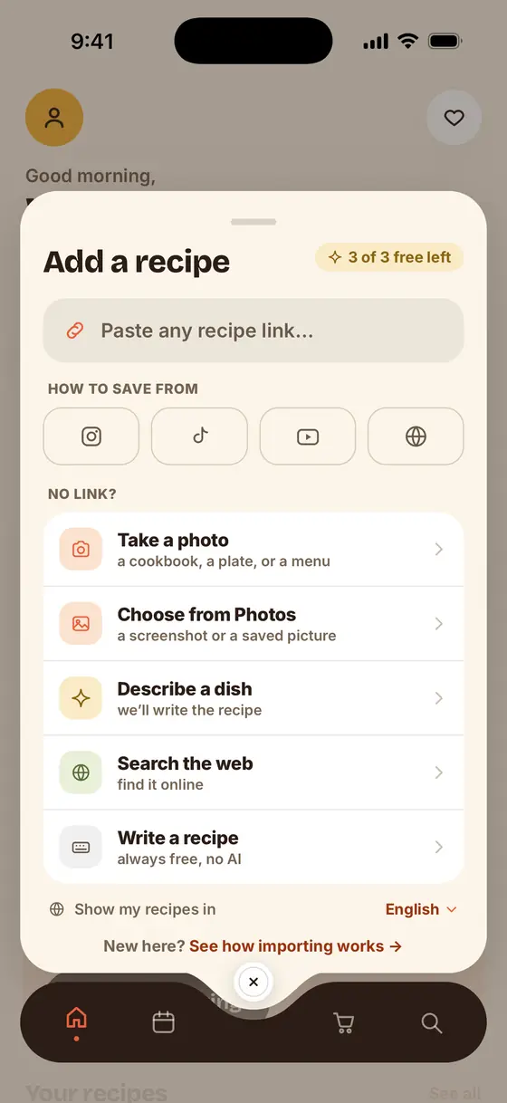 Ruchy's import screen, showing every way to save a recipe