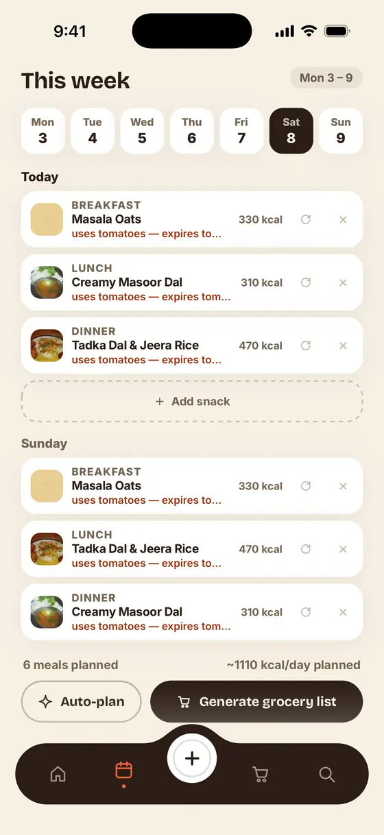 The Ruchy meal planner, showing a week of breakfasts, lunches and dinners